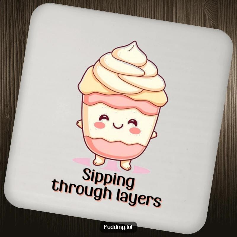 Funny parfait pudding character with cheerful, wiggling layers, perfect for protecting surfaces with this humorous coaster.