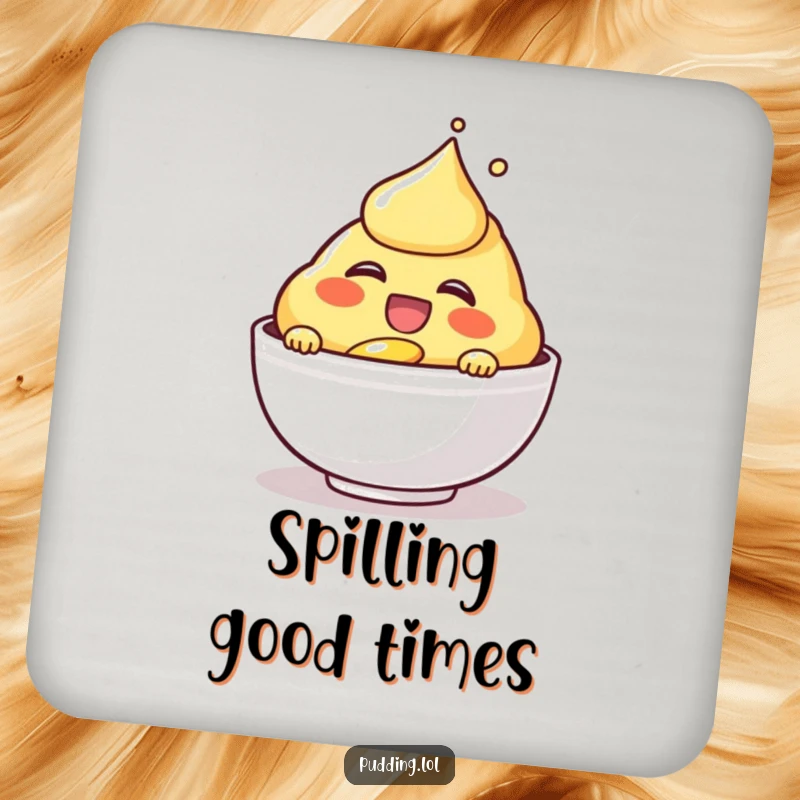 Funny laughing custard character on a drink coaster, pouring happily, adding a humorous touch to surface protection.
