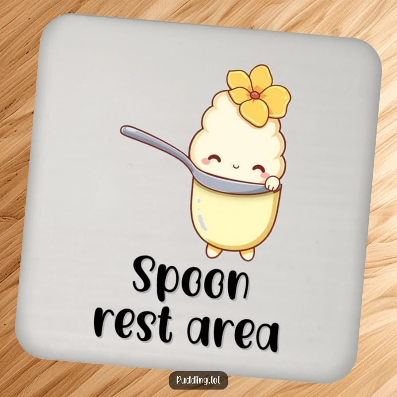 Funny Coaster depicting a shy vanilla pudding character hiding behind a spoon with bashful eyes, adding sweetness.