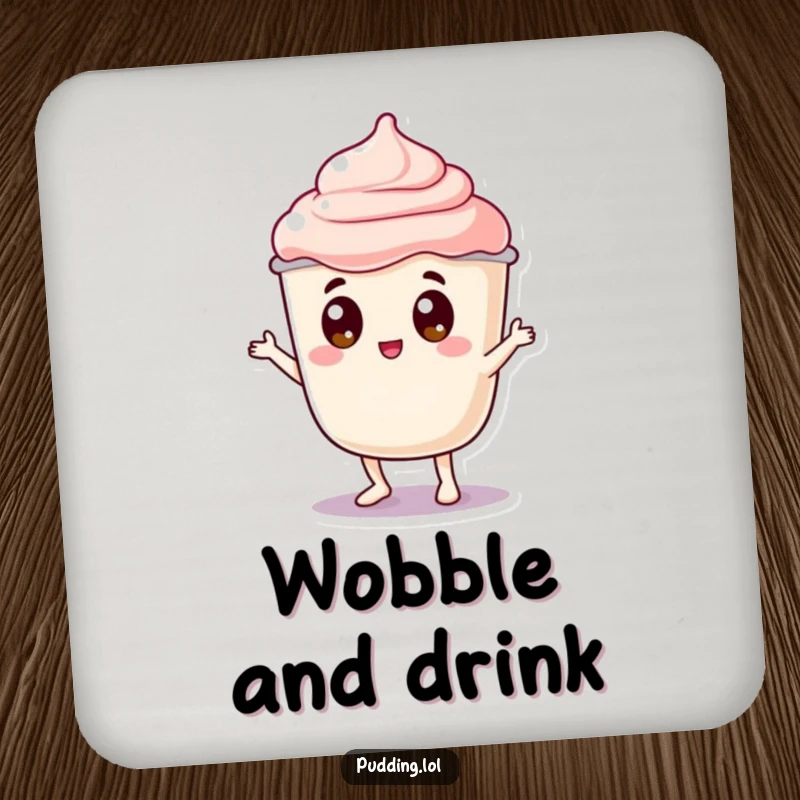 Funny pudding drink coaster with a jiggly pudding cup character with googly eyes doing a silly dance wobble, offering protection with gelatinous fun.