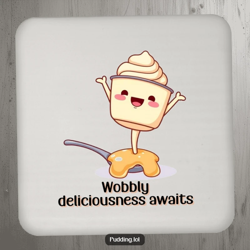 Funny drink coaster: A smiling pudding cup character attempts a handstand on a spoonful of jelly, protecting surfaces with humorous dessert art.