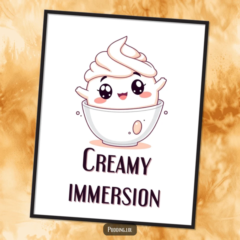 Funny pudding poster depicting a jiggly pudding cup tumbling joyfully into whipped cream, adding humorous art to walls.