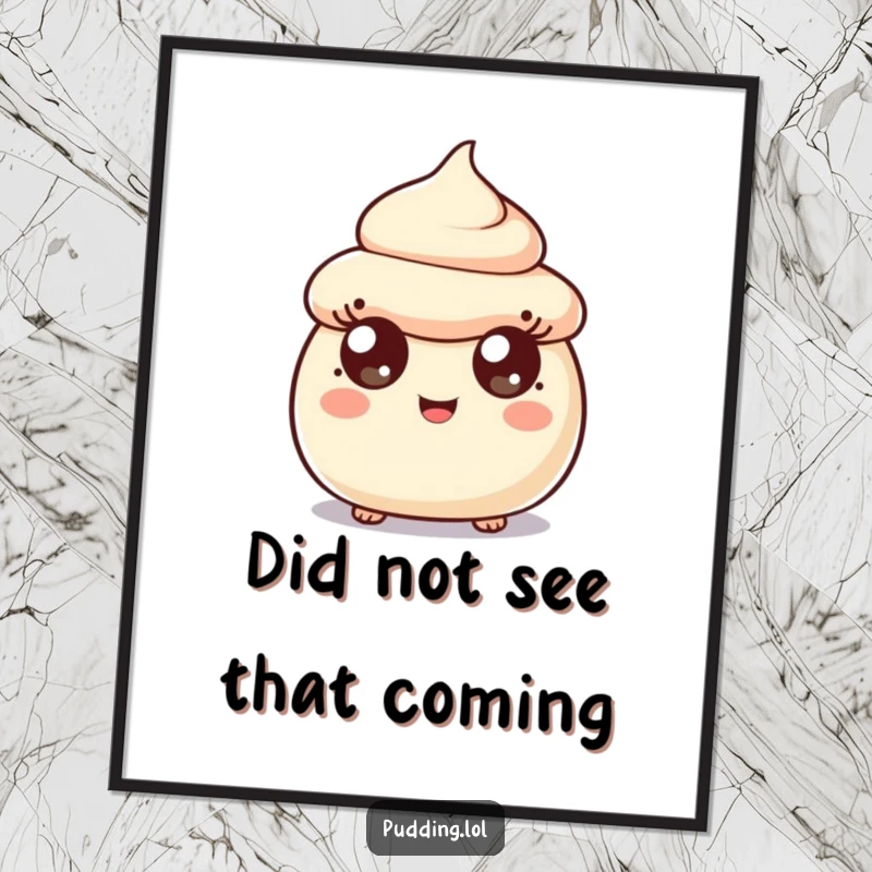 Funny surprised pudding scoop character art print, wide happy eyes conveying a moment of delightful shock, perfect wall decor.
