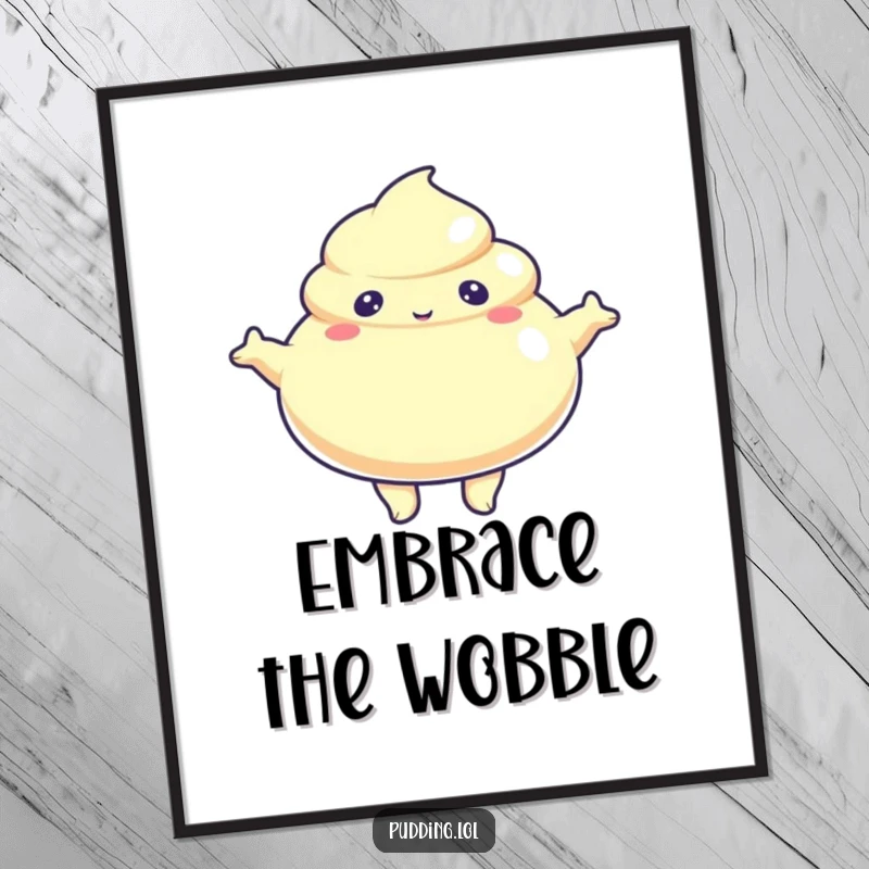 Funny Poster art of a jiggly pudding character with arms outstretched, radiating warmth and inviting a cheerful, wobbly embrace.