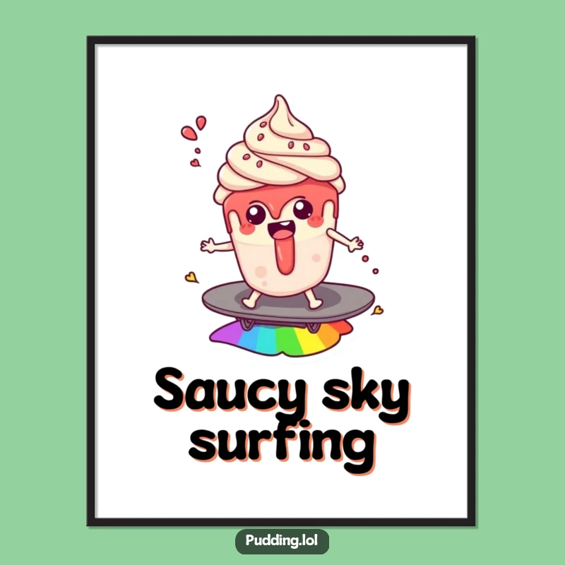 Funny Pudding Cup Rainbow Surf Poster: Dreamy Dessert Wall Art, Ideal Funny Gift