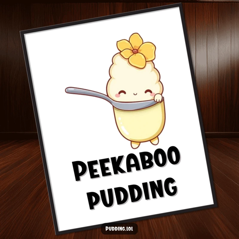 Funny Poster of a shy vanilla pudding character hiding behind a spoon with bashful eyes, looking incredibly cute.