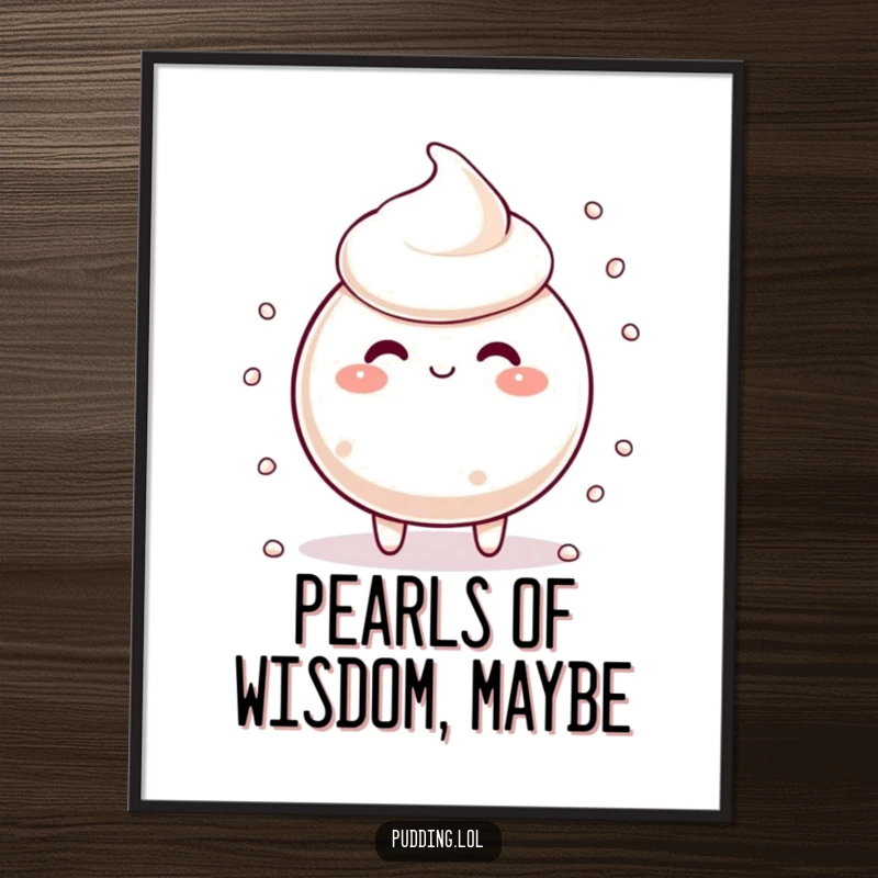 Funny tapioca pudding character with scattering pearls, looking silly, a humorous and delightful poster.