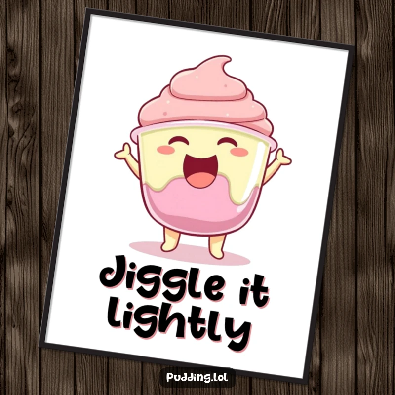 Funny pudding cup character joyfully jiggling its gelatin with excitement, presented as a cheerful poster.