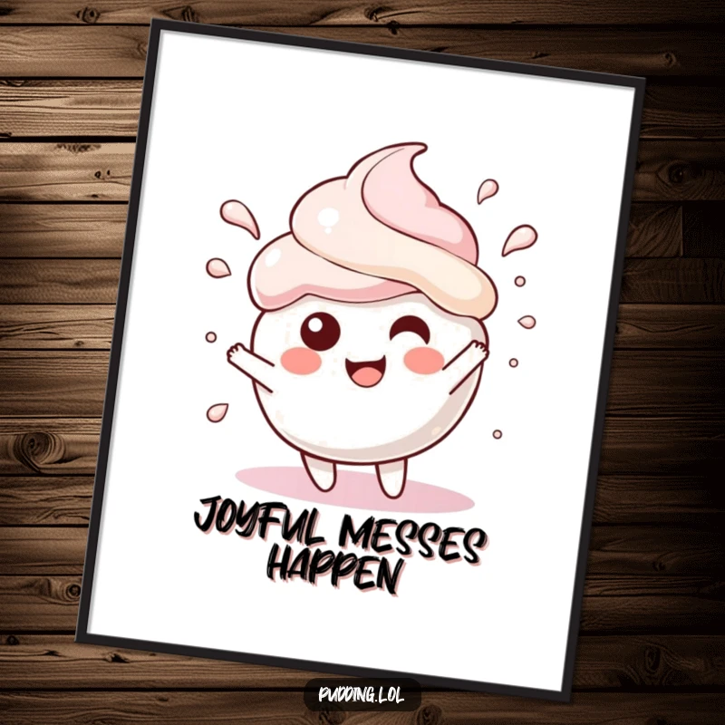 Funny Poster art of a pudding scoop character gleefully splashing, capturing a moment of pure, unrestrained joy and fun.