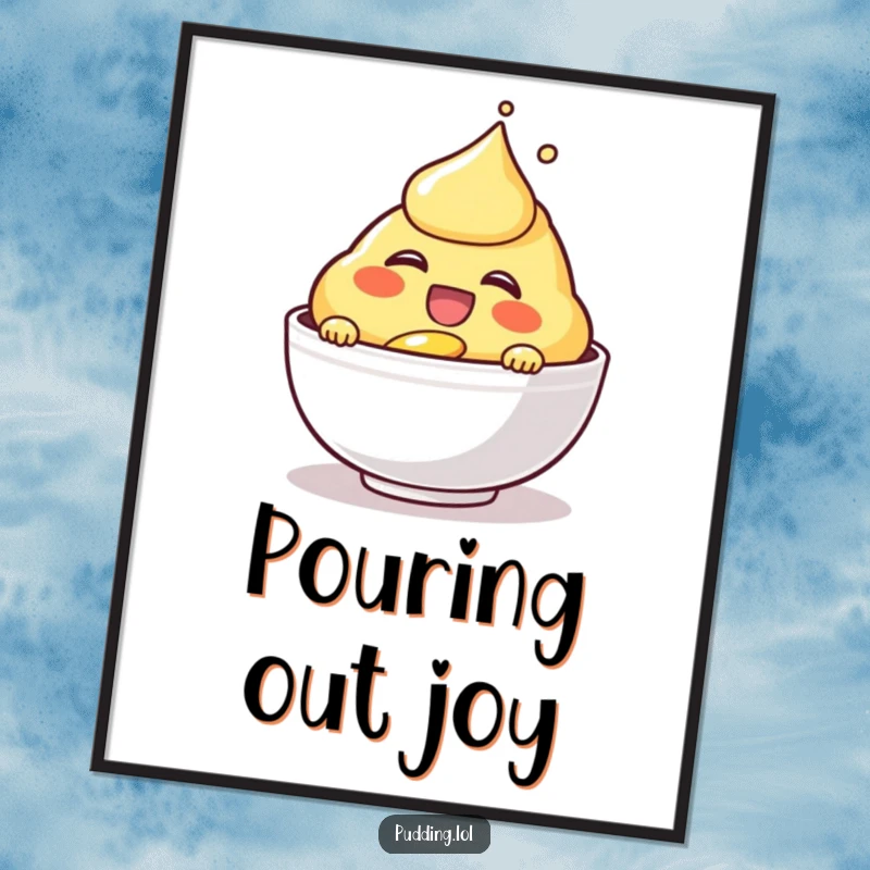 Funny laughing custard character art print, gleefully pouring, bringing vibrant, humorous energy to wall decor.