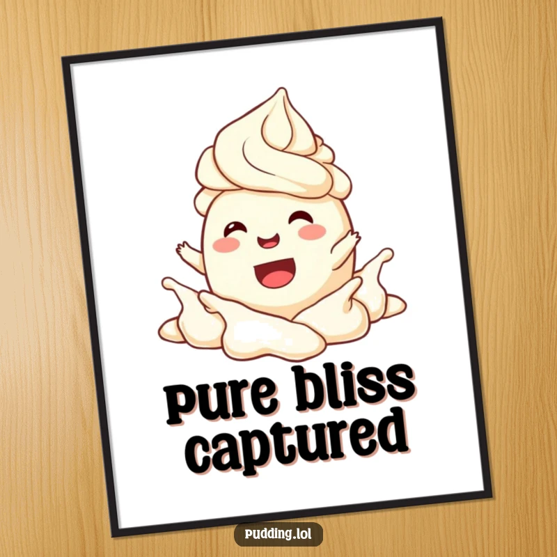 Funny Poster showing a pudding character joyfully splashing in whipped cream, a delightful and humorous piece of art.