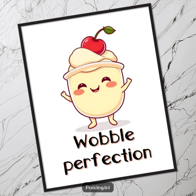 Funny pudding poster depicting a wobbling pudding cup balancing a cherry, adding humorous art to walls.