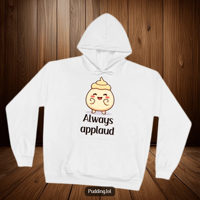 Funny Hoodie featuring a grinning pudding character in an animated pose, clapping its small hands with infectious enthusiasm and cheer.