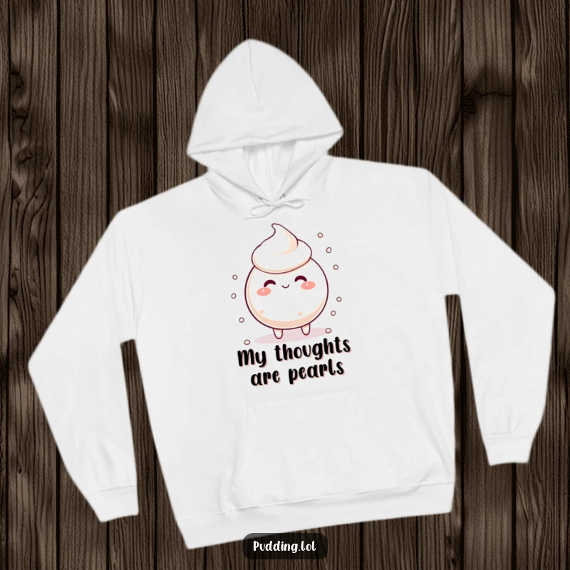 Funny tapioca pudding character with scattering pearls, looking silly, perfect for a warm and humorous hoodie.