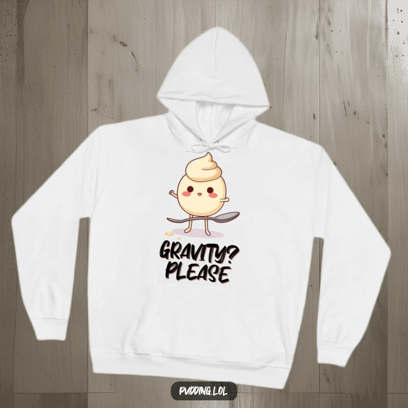 Funny Hoodie depicting a jiggling pudding character struggling hilariously to maintain balance on a small spoon, a true comedic spectacle.