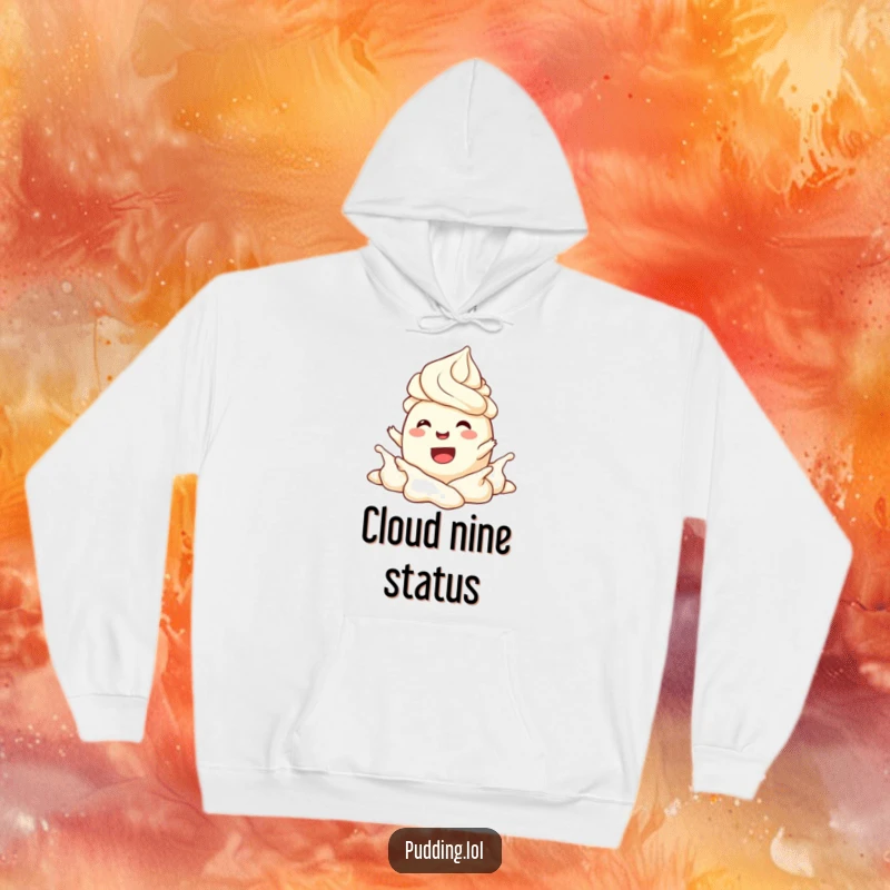Funny Hoodie featuring a joyful pudding character having a blast splashing in whipped cream, radiating happiness and fun.