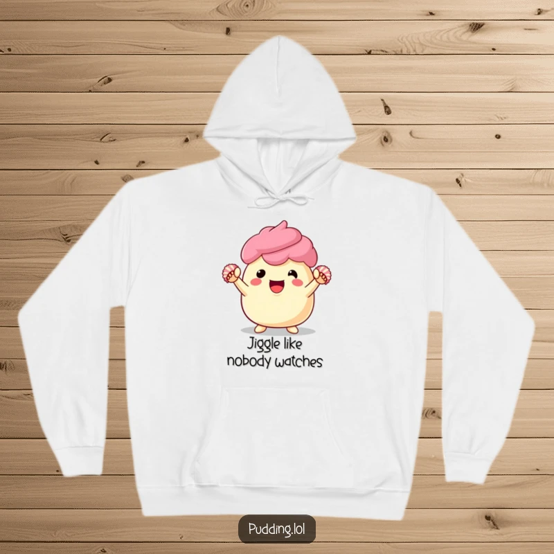 Funny pudding hoodie depicting a dessert character enthusiastically cheering with pom-poms, offering warmth and a burst of humorous energy.