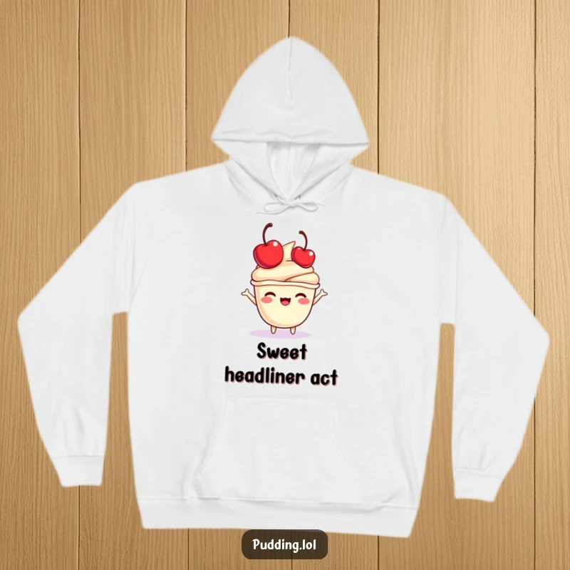 Funny pudding cup hoodie featuring a character joyfully bouncing a mini cherry on its head, designed for comfort and sweet fun.