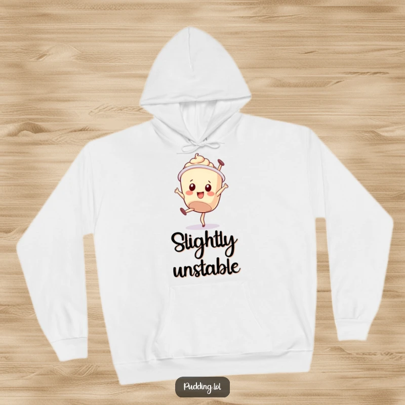 Funny hoodie: A wobbly pudding cup character attempts a somersault, embodying cozy dessert charm and endearing physical comedy.