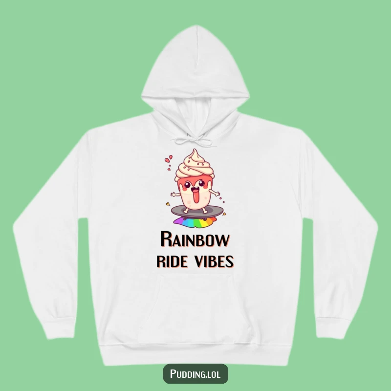 Funny Pudding Cup Rainbow Surf Hoodie: Cozy Fantasy Art, Perfect Funny Gift for Dreamers
