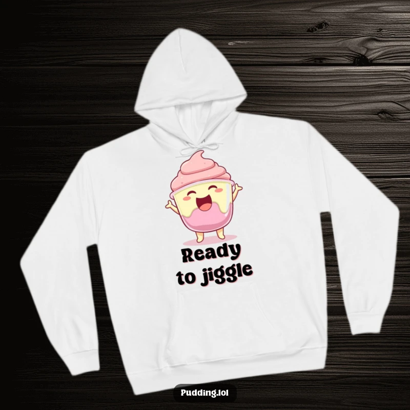 A joyful pudding cup character wiggling its gelatin with pure excitement, featured on a soft, warm hoodie.