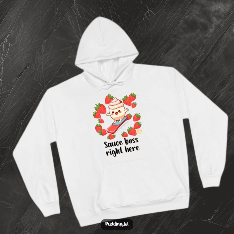 Funny hoodie featuring a ecstatic pudding cup character in the middle of a thrilling surf down a bright red strawberry slide.