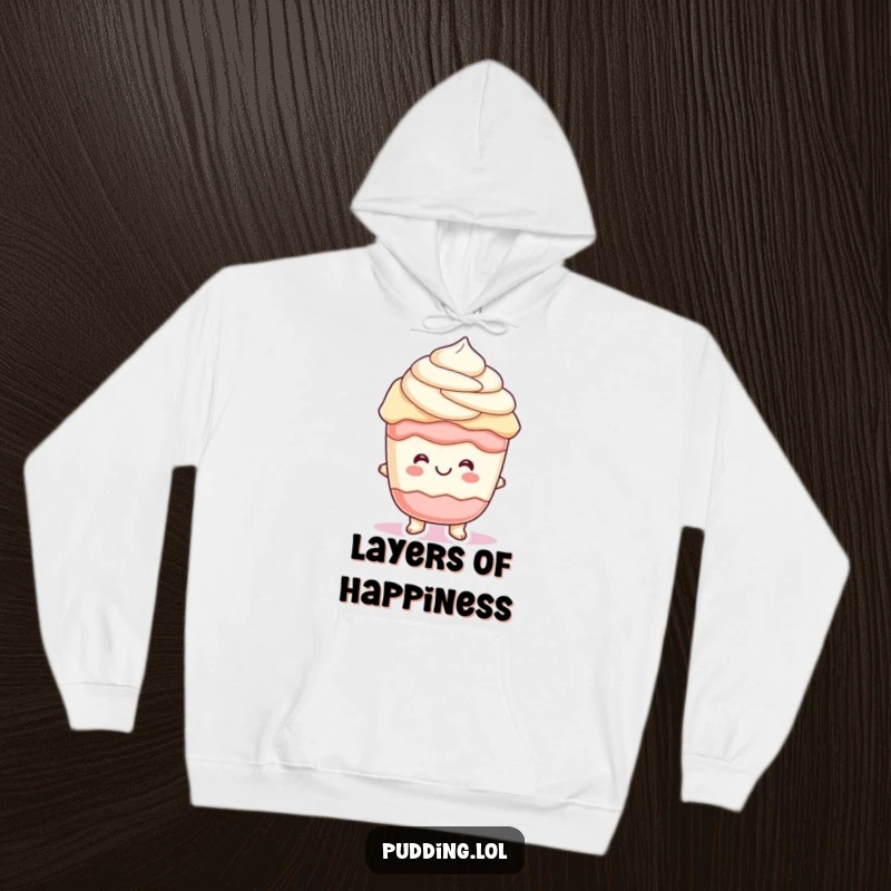 Funny parfait pudding character with cheerful, wiggling layers, perfect for a warm and humorous hoodie.
