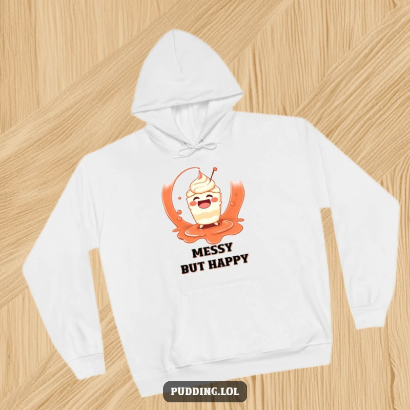 Funny hoodie depicting a happy pudding cup character having a blast splashing playfully in a rich, savory sauce.