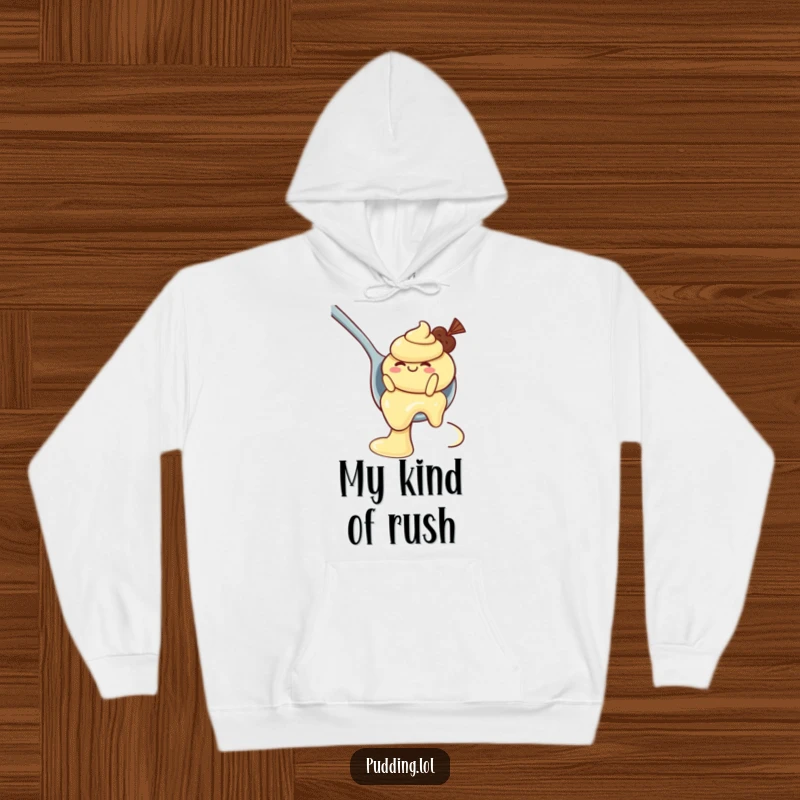 Funny Hoodie: A wobbly pudding character slides down a spoon like a thrilling waterslide, perfect for cozy, fun wear.