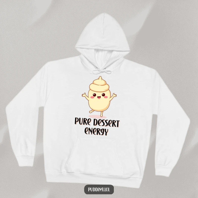 Funny vanilla pudding character dancing playfully, bringing delightful energy to this warm and humorous hoodie.