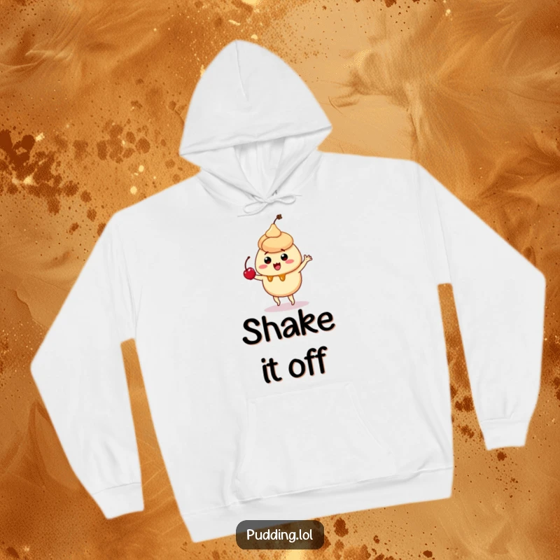Funny hoodie featuring a quivering caramel pudding character dancing playfully with a cherry, ideal for relaxed and cheerful wear.