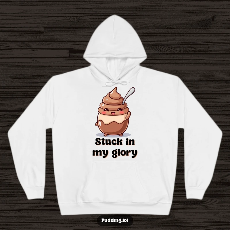 Funny beaming chocolate pudding character with a spoon stuck in it, wearing a hoodie, perfect for cozy, humorous wear.
