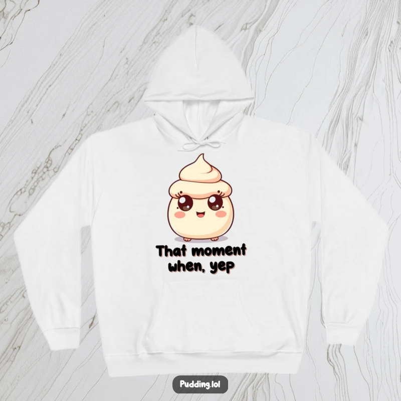 Funny surprised pudding scoop character in a cozy hoodie, expressing shock and happiness, ideal for cold weather fun.
