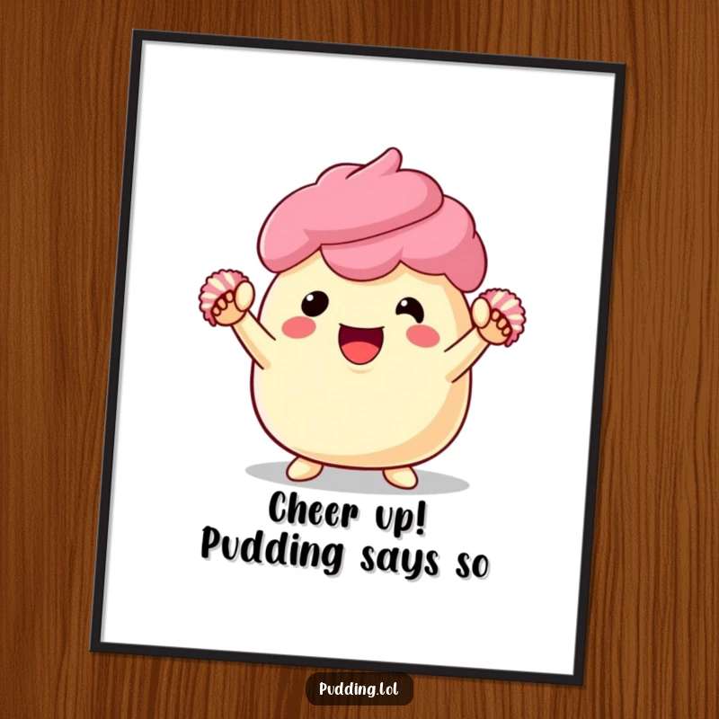 Funny Free Printable Wall Art: Adorable pudding character enthusiastically cheering with tiny pom-poms, a burst of joyful downloadable decor.