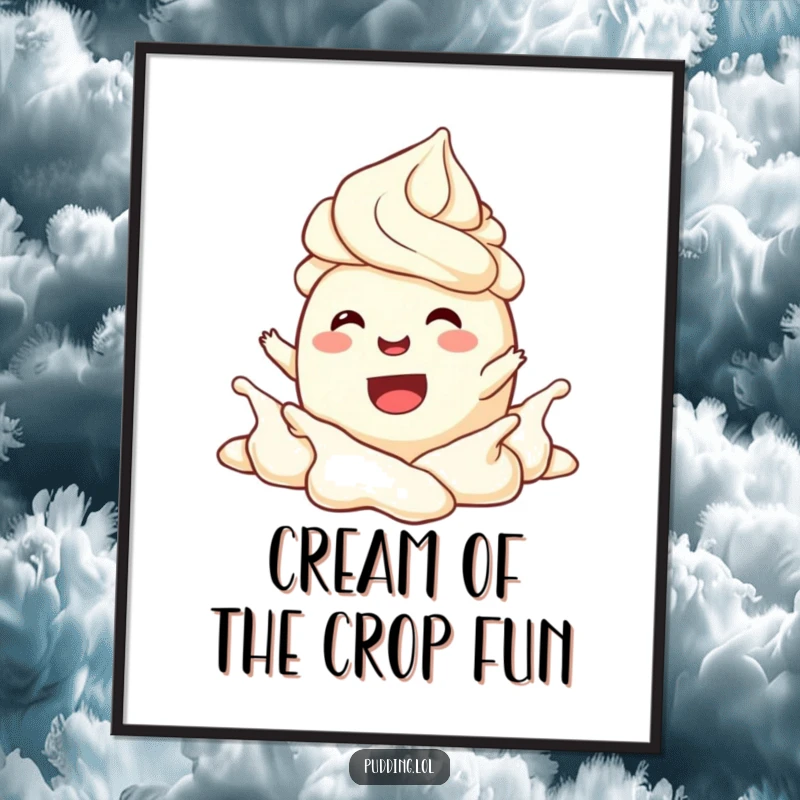 Funny Free Printable Wall Art: A happy pudding character is joyfully splashing around in a dollop of creamy whipped cream.