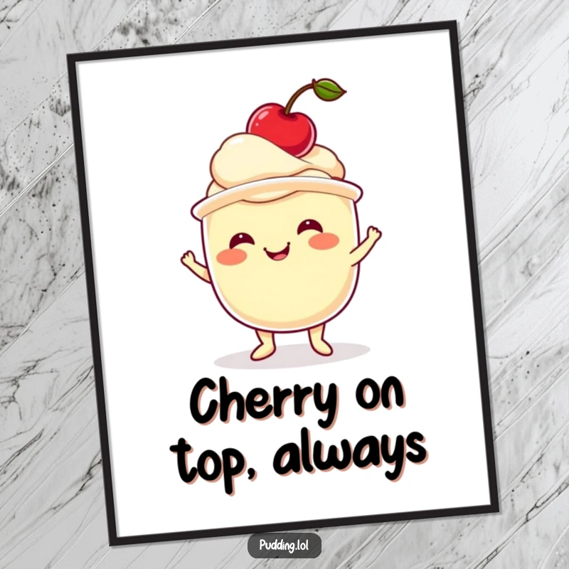 Funny Free Printable Wall Art: Pudding cup character with a happy grin trying to balance a bright red cherry on its head.