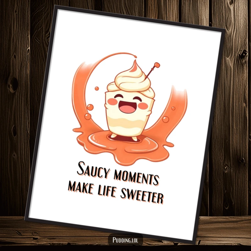 Funny Free Printable Wall Art: A gleeful pudding character splashing joyfully in a large serving of sauce.