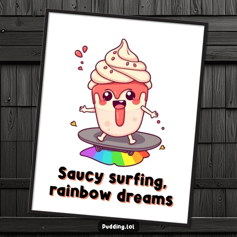 Funny Free Printable Wall Art: Pudding character joyfully surfing a vibrant rainbow with a splash of sauce.