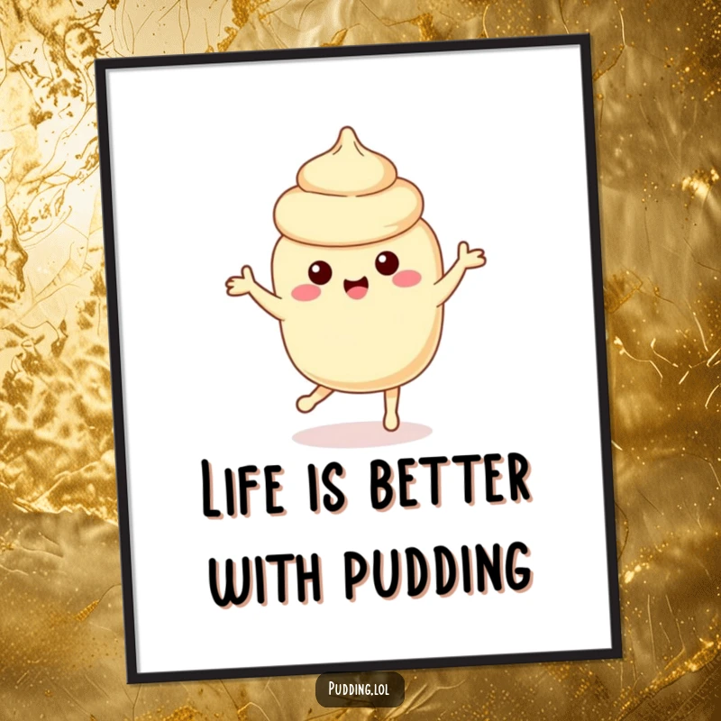 Funny free printable vanilla pudding wall art depicting a playful pudding character in mid-dance, radiating pure, sweet joy and movement.