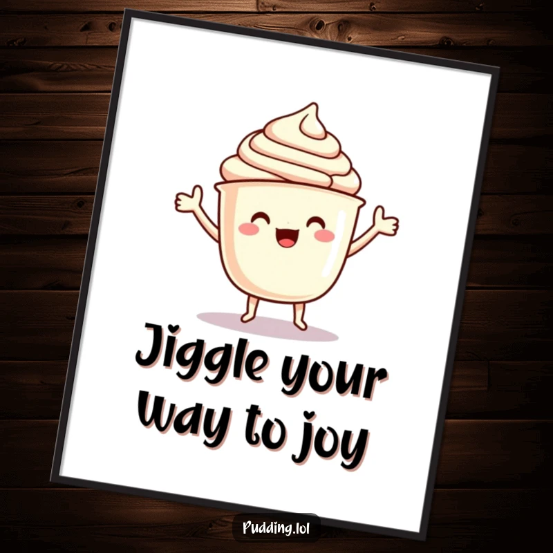 Funny free printable wall art of a pudding cup with arms doing a delightful little jig, radiating pure joy.