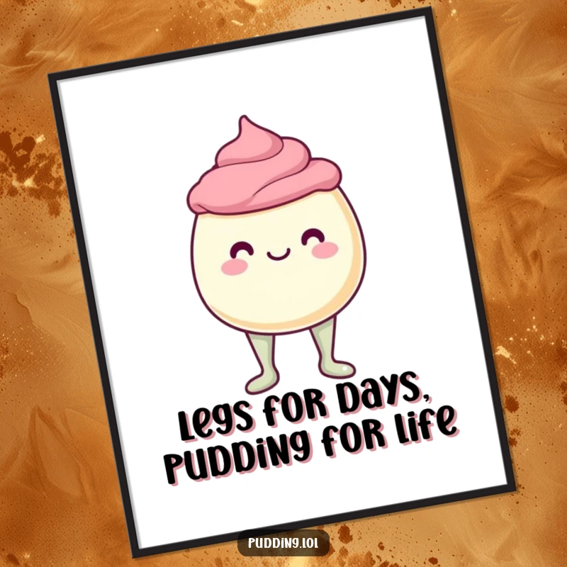 Funny free printable wall art: A humorous illustration of a pudding cup character with unstable jelly legs, perfect for quirky decor.