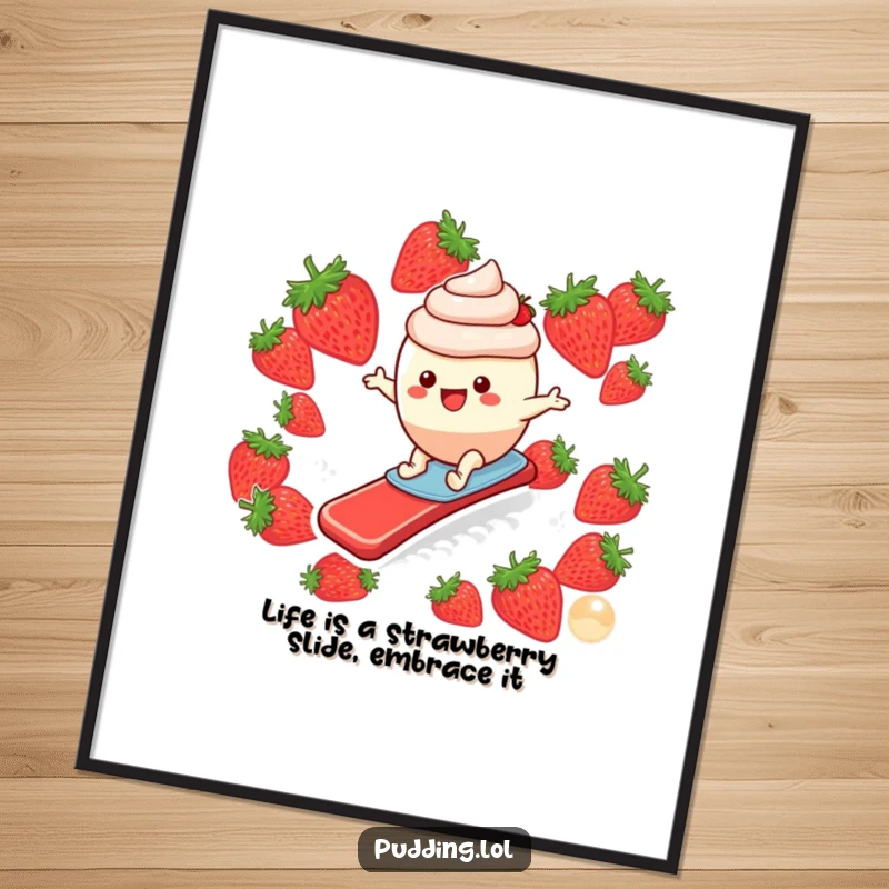 Funny Free Printable Wall Art: A joyful pudding character surfing downhill on a giant strawberry slide.