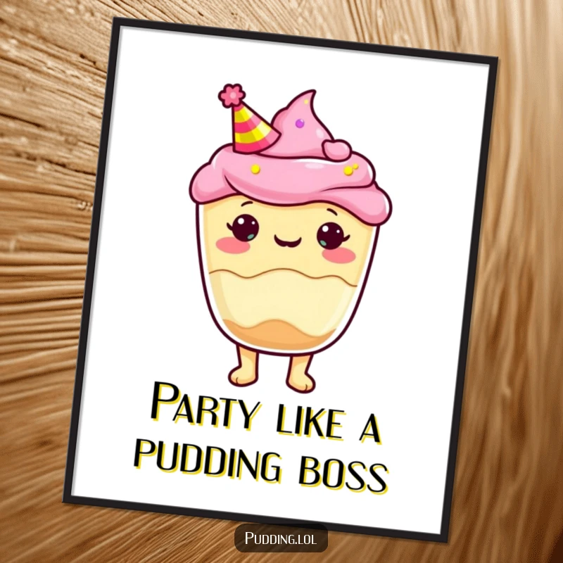 Funny free printable wall art: A pudding cup character wearing a jaunty party hat, perfect for festive and humorous decor.