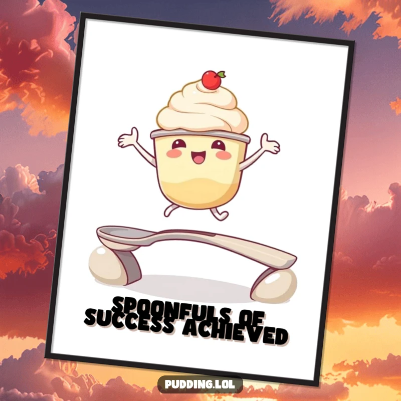 Funny Free Printable Wall Art: Pudding character mid-leap over a spoon bridge, full of kinetic energy and joy.
