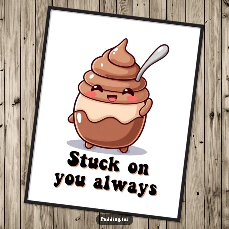 Funny Free Printable Wall Art: A beaming chocolate pudding character with a spoon comically stuck in its head, bringing sweet smiles.