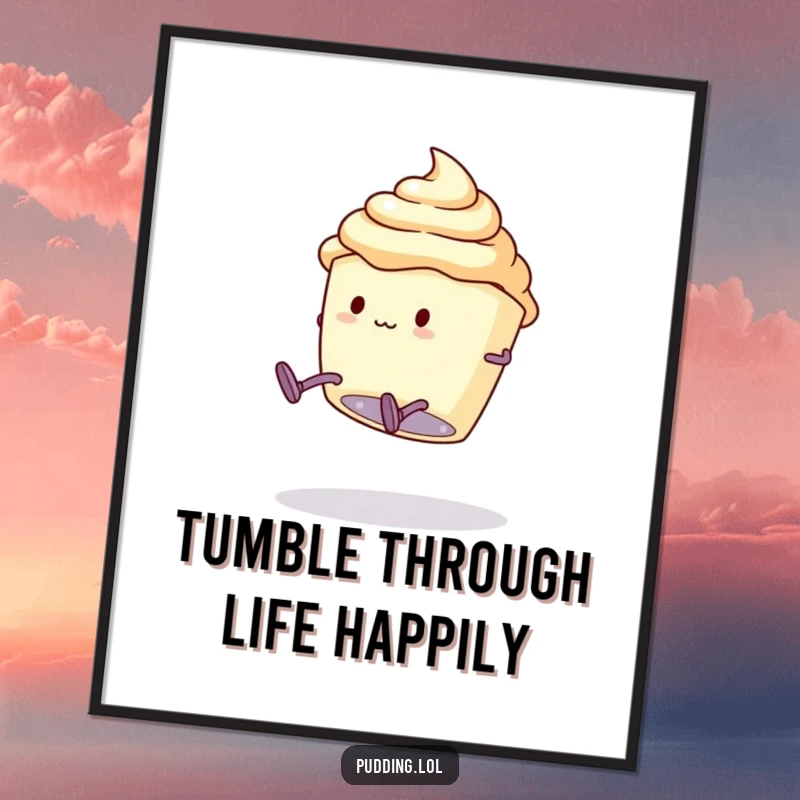 Funny free printable wall art of a pudding cup with legs attempting a hilariously clumsy somersault, full of delightful effort.