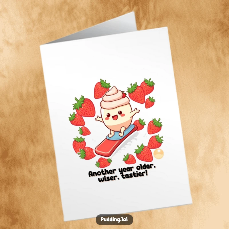 Funny Free Printable Birthday Card: Pudding character joyfully surfs down a strawberry slide, bringing birthday cheer.
