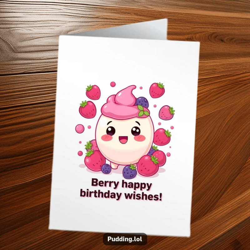 Funny free printable berry pudding birthday card featuring a delighted pudding character bobbing among cheerful, bouncing berries.