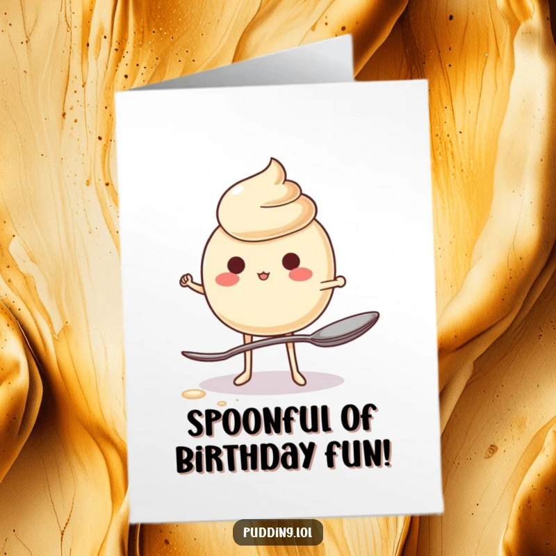 Funny Free Printable Birthday Card: Jiggling pudding character wobbles precariously on a single spoon, bringing birthday laughs.