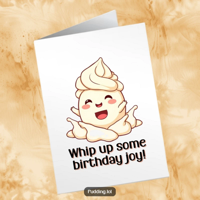 Funny Free Printable Birthday Card: Joyful pudding character splashes with delight in a cloud of whipped cream, celebrating.